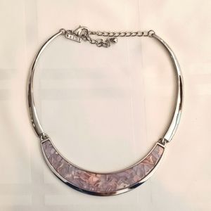 NWOT Silver Tone Plastron Collar Statement Necklace with Salmon & Lavender Inlay